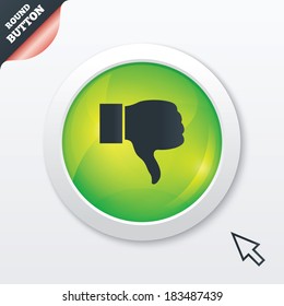 Dislike sign icon. Thumb down sign. Hand finger down symbol. Green shiny button. Modern UI website button with mouse cursor pointer. Vector