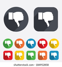 Dislike sign icon. Thumb down sign. Hand finger down symbol. Circles and rounded squares 12 buttons. Vector