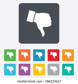 Dislike sign icon. Thumb down sign. Hand finger down symbol. Rounded squares 11 buttons. Vector
