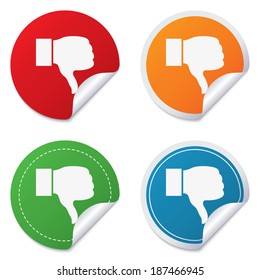 Dislike sign icon. Thumb down sign. Hand finger down symbol. Round stickers. Circle labels with shadows. Curved corner. Vector