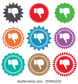 Dislike sign icon. Thumb down sign. Hand finger down symbol. Stars stickers. Certificate emblem labels. Vector