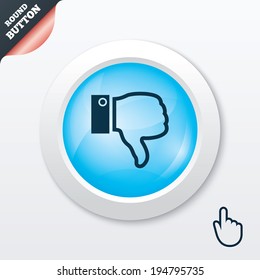 Dislike sign icon. Thumb down sign. Hand finger down symbol. Blue shiny button. Modern UI website button with hand cursor pointer. Vector