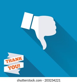 Dislike sign icon. Thumb down sign. Hand finger down symbol. White flat icon with long shadow. Paper ribbon label with Thank you text. Vector