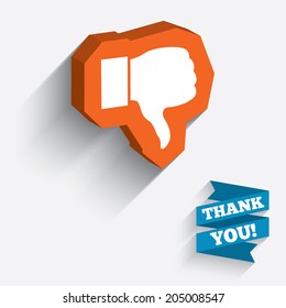 Dislike sign icon. Thumb down sign. Hand finger down symbol. White icon on orange 3D piece of wall. Carved in stone with long flat shadow. Vector