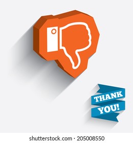 Dislike sign icon. Thumb down sign. Hand finger down symbol. White icon on orange 3D piece of wall. Carved in stone with long flat shadow. Vector