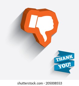 Dislike sign icon. Thumb down sign. Hand finger down symbol. White icon on orange 3D piece of wall. Carved in stone with long flat shadow. Vector