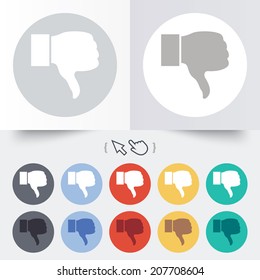 Dislike sign icon. Thumb down sign. Hand finger down symbol. Round 12 circle buttons. Shadow. Hand cursor pointer. Vector