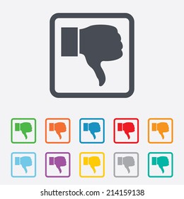Dislike sign icon. Thumb down sign. Hand finger down symbol. Round squares buttons with frame. Vector