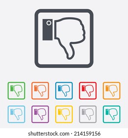 Dislike sign icon. Thumb down sign. Hand finger down symbol. Round squares buttons with frame. Vector