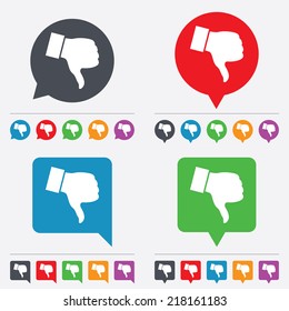 Dislike sign icon. Thumb down sign. Hand finger down symbol. Speech bubbles information icons. 24 colored buttons. Vector