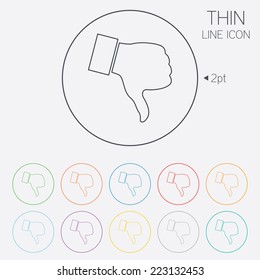 Dislike sign icon. Thumb down sign. Hand finger down symbol. Thin line circle web icons with outline. Vector