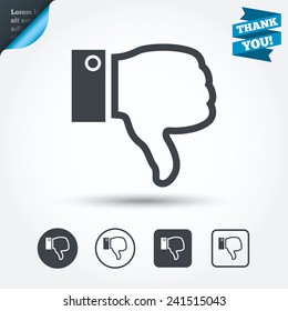 Dislike sign icon. Thumb down sign. Hand finger down symbol. Circle and square buttons. Flat design set. Thank you ribbon. Vector