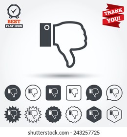 Dislike sign icon. Thumb down sign. Hand finger down symbol. Circle, star, speech bubble and square buttons. Award medal with check mark. Thank you ribbon. Vector