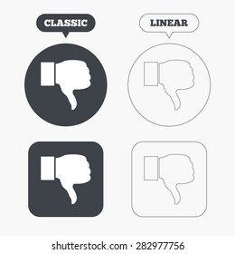 Dislike sign icon. Thumb down sign. Hand finger down symbol. Classic and line web buttons. Circles and squares. Vector