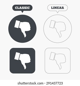 Dislike sign icon. Thumb down sign. Hand finger down symbol. Classic and line web buttons. Circles and squares. Vector