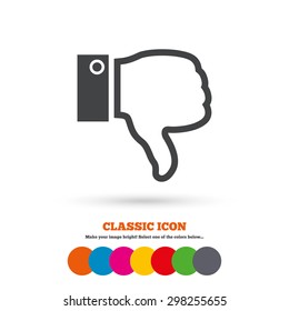 Dislike sign icon. Thumb down sign. Hand finger down symbol. Classic flat icon. Colored circles. Vector