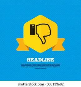Dislike sign icon. Thumb down sign. Hand finger down symbol. Yellow label tag. Circles seamless pattern on back. Vector