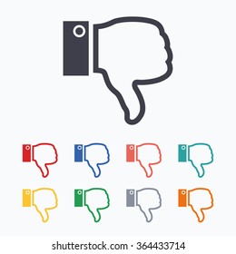 Dislike sign icon. Thumb down sign. Hand finger down symbol. Colored flat icons on white background.