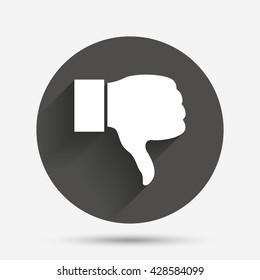 Dislike sign icon. Thumb down sign. Hand finger down symbol. Circle flat button with shadow. Vector