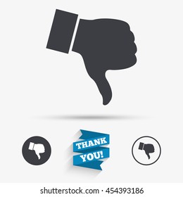 Dislike sign icon. Thumb down sign. Hand finger down symbol. Flat icons. Buttons with icons. Thank you ribbon. Vector