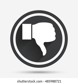 Dislike sign icon. Thumb down sign. Hand finger down symbol. Circle flat button with shadow and border. Vector