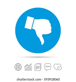 Dislike sign icon. Thumb down sign. Hand finger down symbol. Copy files, chat speech bubble and chart web icons. Vector