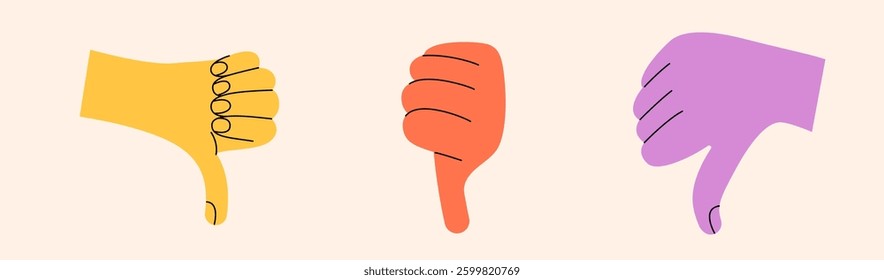 Dislike sign. Set of hand gestures in various positions. Colorful trendy vector illustration. Index, middle, ring, little fingers and thumb