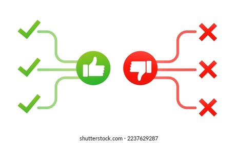 Dislike thumbs up and down tick and cross, flat thumbs up and down customer complaint logo graphic design isolated on red and green background. Vector illustration