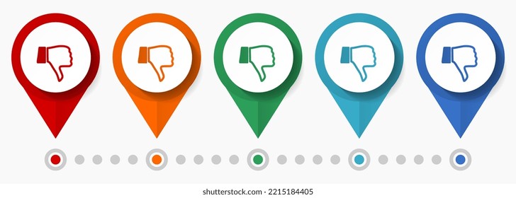 No me gusta, a diferencia del conjunto de iconos de vector de concepto, punteros de diseño plano, plantilla infográfica