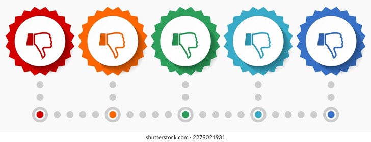 Dislike, unlike vector icon set, colorful infographic template, set of flat design badge icons in 5 color options