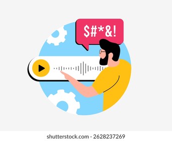 Desgosto de conceito de mensagens de voz com fadiga de nota de voz, mensagens de áudio indesejadas, aborrecimento de mensagem de áudio, frustração de nota de voz e ilustração de vetor de estresse de comunicação digital
