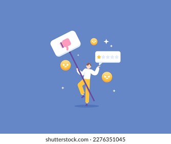 Dislikes and negative feedback. give bad reviews and only get 1 star out of 5. a customer who is dissatisfied with the service or product. illustration concept design. vector elements. blue background