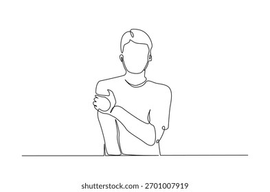 Luxação do ombro em desenho contínuo de uma linha. Ilustração de arte de linha única de Homem sofrendo de dor no ombro. Vetor editável.
