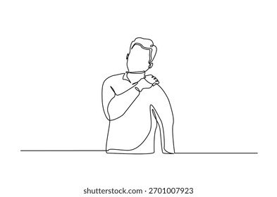 Luxação do ombro em desenho contínuo de uma linha. Ilustração de arte de linha única de Homem sofrendo de dor no ombro. Vetor editável.