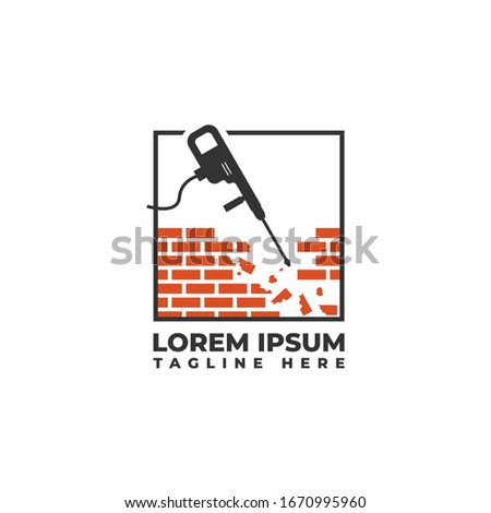Dismantling Brick Wall with Demolition Hammer Logo Vector Icon Illustration