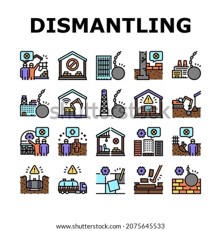 Dismantling Construction Process Icons Set Vector. Tile And Wood Floor Dismantling, Building And House, Tower And Factory Demolition Line. Hazardous Waste Transportation Color Illustrations