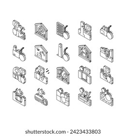 Dismantling Construction Process isometric icons set. Tile And Wood Floor Dismantling, Building And House, Tower And Factory Demolition Line. Hazardous Waste Transportation Color .