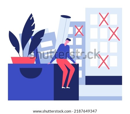 Dismissal or bankruptcy - modern colorful flat design style illustration on white background. Sad man sits on the office table with belongings, packed in a box. Some offices are no longer opened