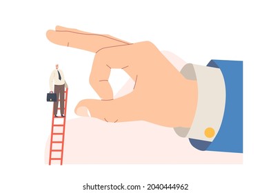 Dismissal, Business Betrayal, Huge Hand Trying to Throw Down Tiny Businessman Stand on Top of Ladder. Envy and Unethical Partner Character Career Danger Metaphor. Cartoon People Vector Illustration