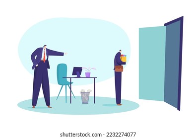 Dismissal businessman from company work, leader unemployment job entrepreneur flat vector illustration, isolated on white.