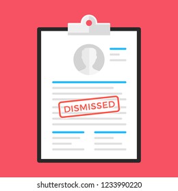 Dismissal. Clipboard And Document With Dismissed Stamp. Flat Design. Vector Illustration