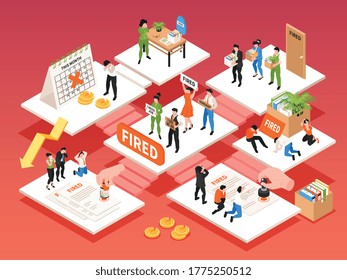 Dismissal composition with set of isometric platforms connected with stairs and human characters of retired workers vector illustration