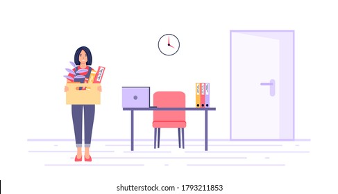 Concepto de despido. Un empleado despedido con una caja de cosas cerca del antiguo lugar de trabajo. Desempleo, crisis, recortes de empleo. Carácter femenino que ha perdido su trabajo. Fondo blanco de la ilustración del vector. 