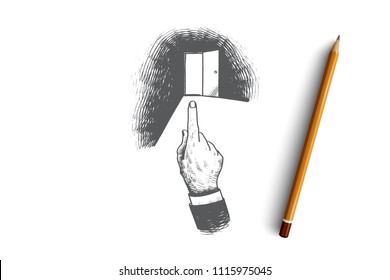 Dismissal concept. Hand drawn finger pointing at the door. Dismissal of employee isolated vector illustration.