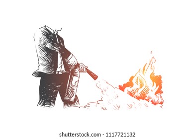 Dismissal concept. Hand drawn man with a fire extinguisher extinguishes a fire. Flame and caution isolated vector illustration.