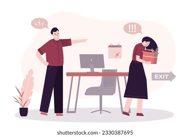 Concepto de despido, reducción del personal. Un jefe enojado despide a un empleado. Una mujer de negocios infeliz con suministros de oficina sale del lugar de trabajo. Desempleo, optimización durante la crisis. ilustración vectorial plana