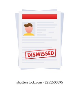 Documento de despido, sello despedido. Despidan. Ilustración de material vectorial.