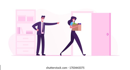 Dismissal during Quarantine Covid 19. Angry Boss Character Shouting, Scolding and Firing Female Worker. Stressed Employee in Medical Mask Leaving Office with Box. Cartoon Vector People Illustration