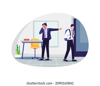 Dismissal Employee Concept Illustration. Fired Sad Male Office Worker Carrying Box, Unemployment, Jobless And Employee Job Reduction. Vector In A Flat Style