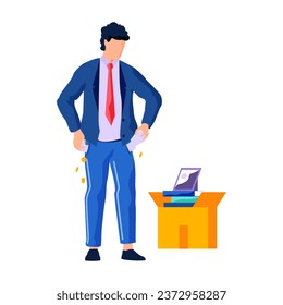 Dismissal, employee replacement, downsizing. Unhappy man dismissed from job, leave office with stuff in box. Unemployed jobless benefit. Unemployment dismissal of workers. Employee job reduction